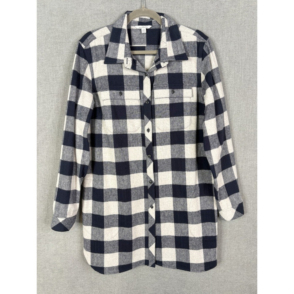 LL Bean Top Womens Large Blue Plaid Tunic Chamois Cloth Shirt Button Up Pockets